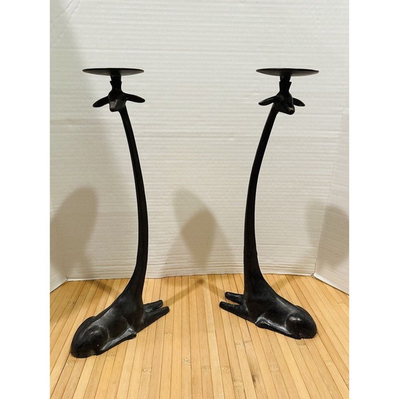 San Pacific International SPI Pair Of Brass Giraffe Candle Holders 18” Tall - Picture 1 of 11